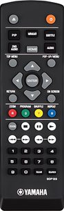 Mando a distancia negro Yamaha BD-S477 con botones de colores para controlar un reproductor de Blu-ray 4K, vista frontal