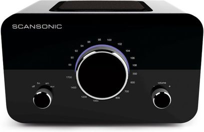 Scansonic SC-R2 sort bordradio, moderne minimalistisk design, mat plastikhus, forkromede knapper, blå LCD-skærm
