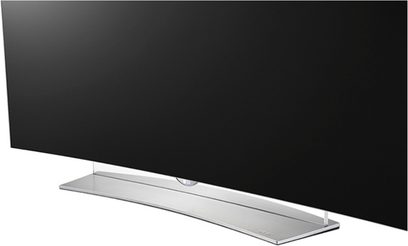 LG 65EG960V OLED ultra-flad TV, sort skærm, set fra siden, stående på gennemsigtig glas- eller akrylstativ
