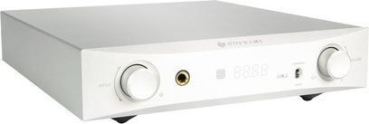 Nuprime DAC-9X sølvfarvet audio DAC-konverter, frontpanel med hovedtelefonstik og indgang, volumeknap, digitalt display