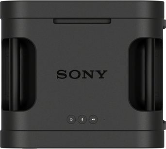 Bærbar svart Sony ULT TOWER MAX Bluetooth-høyttaler, sett ovenfra med sidehåndtak og sentrale kontroller
