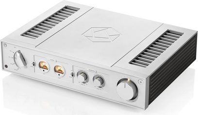 Rose RA280 silver stereo integrated hi-fi amplifier with aluminum front panel, backlit VU meters, and large front-mounted knobs