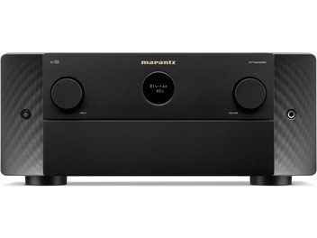 Marantz AV 10 sort home-cinema forforstærker, sort frontpanel, blå skærm, store drejelige metalknapper, perforerede gitre