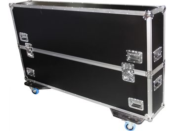 Musta kuljetuslaatikko näytölle Power Acoustics Flight écran 65 MK2, hopeanvärisillä vahvikkeilla ja sinisillä pyörillä