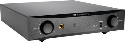 Convertitore audio DAC Nuprime DAC-9X nero, pannello frontale con ingresso, volume, MQA, presa per cuffie, vista frontale su sfondo grigio