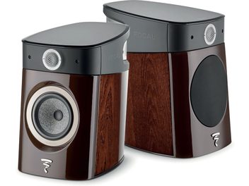 Reproduktory Focal Sopra N°1 v provedení makasar, pohled zepředu a ze tří čtvrtin, dřevěné tělo, kruhové reproduktory