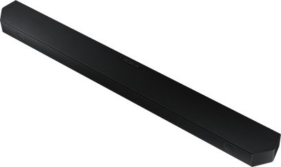Samsung HW-Q60B/ZF sort soundbar, set forfra, aflang rektangulær form med afrundede kanter, frontgitter