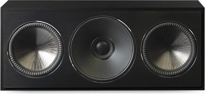 Paradigm Founder 70LCR sort lakeret centerhøjttaler, frontvisning, 3 runde højttalere bag metalgitre
