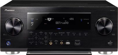 Pioneer SC-LX77-K sort home cinema-forstærker, front med display, knapper og justeringshjul, USB- og HDMI-porte