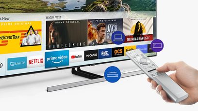 Samsung QE55Q85R-tv, der viser brugergrænseflade med miniaturebilleder af Prime Video-, Netflix- og andre streamingtjenesteprogrammer