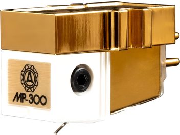 Nagaoka MP-300 turntable cartridge in three-quarter front view, rectangular block combining a white plastic body and a gold metal cover, with a gold MP-300 nameplate, black hex screw on the side, and stylus tip flush underneath