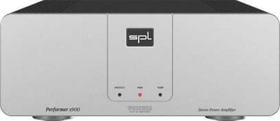 Amplificatore di potenza hi-fi SPL Performer s900 argento, vista frontale con pannello frontale spazzolato e indicatori centrali