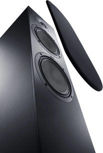 Diffusore da pavimento Canton GLE 70 S2 nero, primo piano del frontale con due altoparlanti, tweeter e griglia in tessuto rimossa