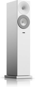 Amphion Argon 3LS valge tornkõlar, eestvaade, ümmargused kõlarid, valge esipaneel, vertikaalne ristkülikukujuline vorm