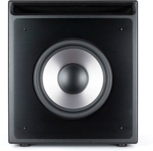 Diffusore home cinema THX-1200-SW, vista frontale, cassa nera, altoparlante centrale circolare argentato, angoli arrotondati