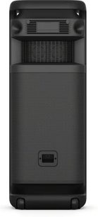 Prenosný bluetooth reproduktor Sony ULT TOWER 10, pohľad spredu, čierna mriežka, obdĺžnikový tvar, zaoblené rohy, kolieska
