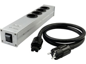 Sidabrinis Taga Harmony PF-400USB apsaugos nuo viršįtampių ilgintuvas su 4 „Schuko“ lizdais, priekiniu jungikliu ir juodu maitinimo kabeliu