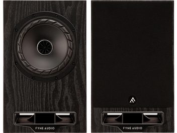Bogreolshøjttaler Fyne Audio F5E, set forfra, mørk træfinish, centralt højttalerelement, aftagelig sort frontgrill