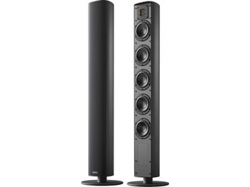 Trådløs tilsluttet højttaler Piega Ace 50 Wireless (TX + RT) sort, set forfra og fra siden, 5 cirkulære højttalere