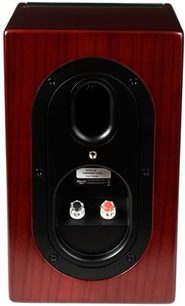 Mørkt træ Klipsch Icon WB-14 bogreolhøjttaler, set forfra, med sort højttaler og to sølvfarvede knapper