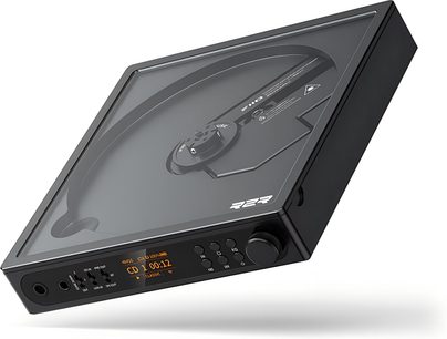 Hochwertiger CD-Player FiiO DM15 R2R schwarz, transparentes Gehäuseoberteil, orangefarbener Bildschirm und Drehrad in Dreiviertelansicht