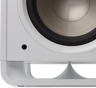 Polk Audio HTS 10 witte subwoofer, close-up vooraanzicht van bovenaf, concentrische geometrische vormen
