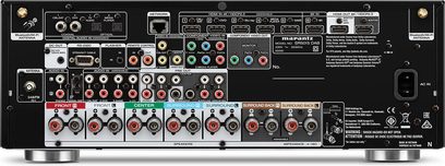Marantz SR5015DAB sort hjemmebiografsforstærker, bagside, audio/video-tilslutninger, antenner, netværksstik, strømforsyning