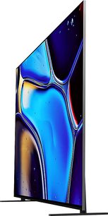 Sony BRAVIA 8 TV (55XR80) sidovy, tunn skärm, metallstativ, färgglad blå och gul display, vit bakgrund
