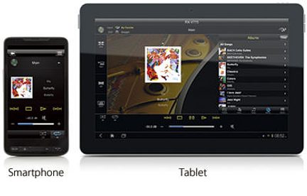 Smartphone und Tablet zeigen eine Musikoberfläche mit farbiger Albumhülle, Wiedergabesteuerung und Einstellungsoptionen