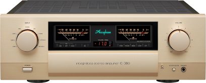 Ampli hi-fi intégré stéréo E-380, vue de face, finition dorée, 2 grands boutons circulaires, écran central avec indicateurs