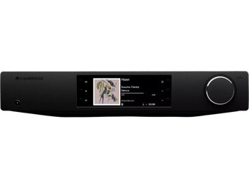 Cambridge Audio CXN100 SE nätverksljudspelare svart, framifrån med stor central skärm och ratt till höger