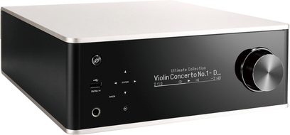 Denon PMA-150H sølvfarvet stereo hi-fi-forstærker, sort frontpanel med LCD-skærm, knapper og kontrolhjul, sølvfarvet finish