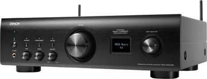 Integrert hi-fi-forsterker Denon PMA-900HNE svart, front i børstet aluminium med stor volumknapp, sentralt display og antenner bak