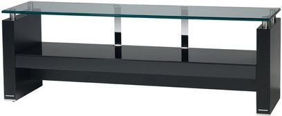 Gisan HQ-23 sort TV-møbel, struktur i hærdet sort glas, 3 hylder, fødder og stænger i blankt krombelagt metal
