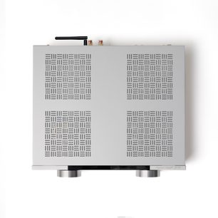 Silver Onkyo Y-50 stereo hi-fi amplifier, top view, large vented cover and rear antenna