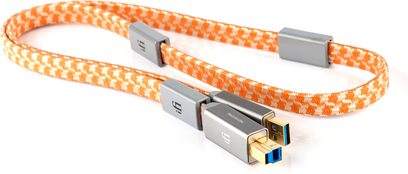 Kabel USB 3.0 A do B iFi Audio Mercury o długości 1m, pomarańczowo-biały oplot, prostokątne metalowe szare złącza na końcach