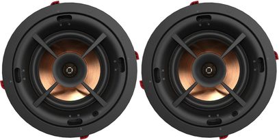 Set mit 2 schwarzen Klipsch PRO-160-RPC Decken-Einbaulautsprechern mit Kupfermembranen, Vorderansicht