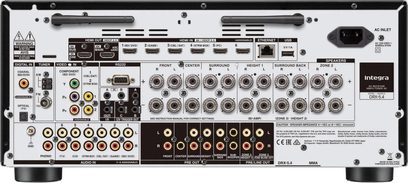 Integra DRX 5.4, bagside, HDMI-stik, audio, video, Ethernet, USB, koaksiale indgange, optiske, højttalerterminaler