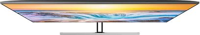 Samsung QE55Q85R-fladskærms-tv, set fra siden, flad og tynd skærm, gylden metalramme, sølvfarvet centralt fod