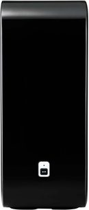 Sonos SUB sort lakeret baskabin, set forfra, vertikal rektangulær form med afrundede kanter, blank sort overflade, hvidt logo
