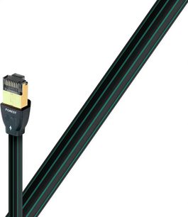 Cavo di rete Ethernet RJ45 Audioquest Forest 8m, connettore RJ45 dorato, guaina verde a righe nere, vista di profilo