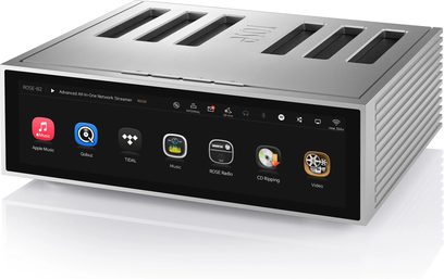 Viskas viename tinklo garso sistema Rose RS520 sidabrinė, priekinis vaizdas, 6 priekiniai prievadai, įskaitant Apple Music, Qobuz, TIDAL, Music