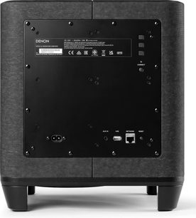 Subwoofer Denon Home černý, zadní strana, audio a síťové konektory, ovládací tlačítka, černá textilní mřížka