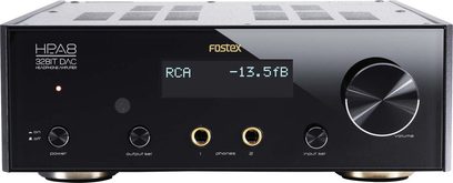 Fostex HP-A8C sort hovedtelefon-forstærker, frontvisning, RCA-display -13,5dB, on/off-knapper, output sel, phones 1/2, input sel, volumen