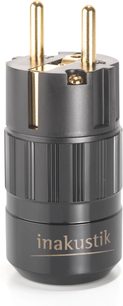 Strømforsyningsadapter Basic SCHUKO-stik, frontvisning, sort rillet cylindrisk krop, 2 lodrette guldbelagte stifter, gylden tekst