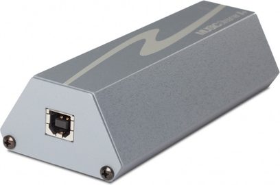 HRT Music Streamer II+ gråmetallic audio-DAC-konverter, set ovenfra, stik på bagsiden, logo på toppen