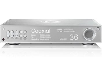 Convertitore audio DAC RD160 argento, vista frontale, pulsanti circolari a sinistra, schermo digitale a destra, manopola rotante