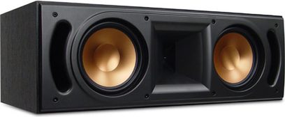 Klipsch RC-62 center højttaler, sort rektangulært, vandret kabinet, 2 gyldne woofers, gylden central diskant
