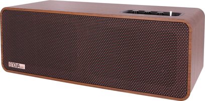 Cassa wireless Enova HIFI VELA V in prospettiva, griglia frontale marrone, angoli arrotondati, comandi sulla parte superiore