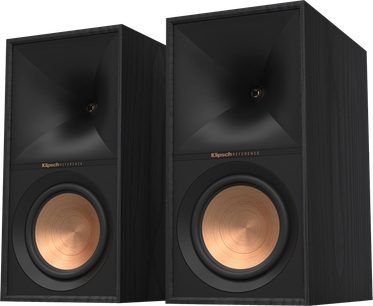 Caixas de som de estante Klipsch R-60M preto, vista frontal, 2 unidades, alto-falantes de cobre, gabinete retangular, acabamento em madeira